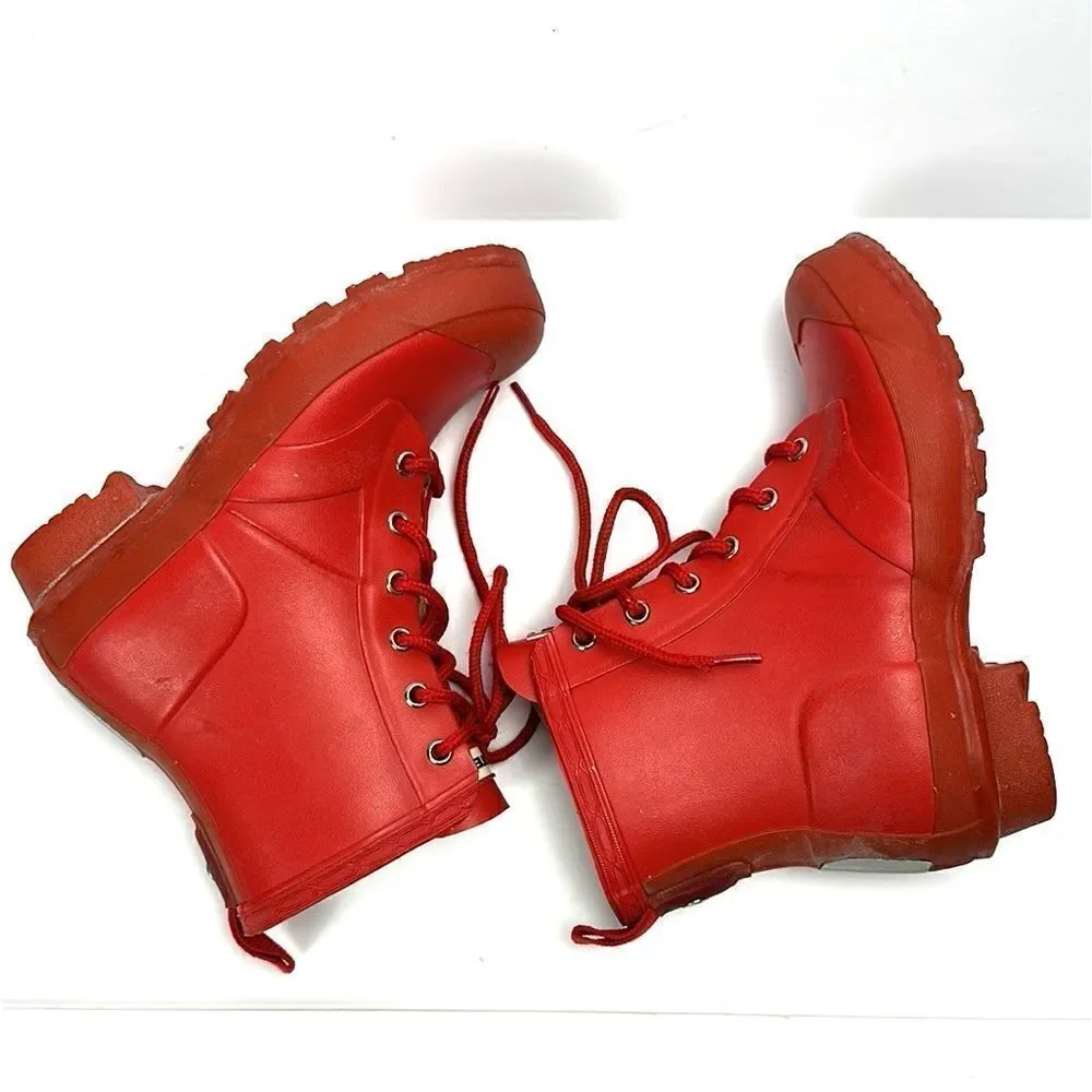 Hunter Kids Red Thurloe Rain Boots Lace Up US 2M 3F